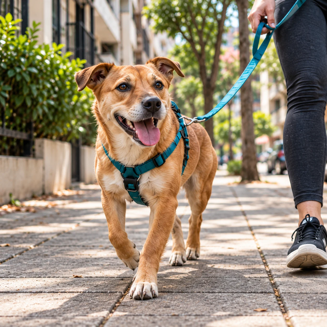 Cão caramelo com peitoral turquesa em passeio individual, com a guia segurada pelo passeador.