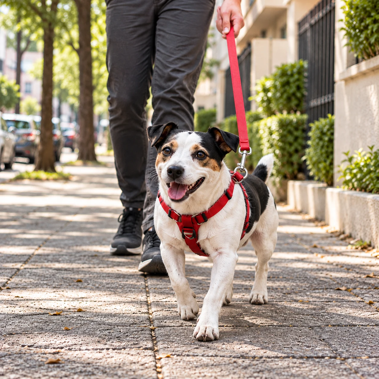 Pequeno cão preto e branco de peitoral vermelho passeando com guia segurada pelo passeador.