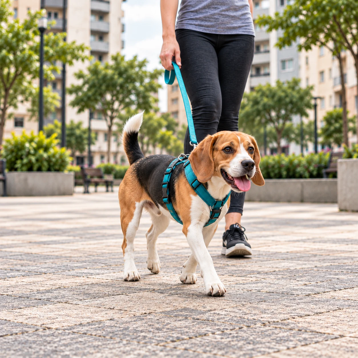 Beagle de peitoral turquesa caminhando por uma praça pavimentada com o passeador.