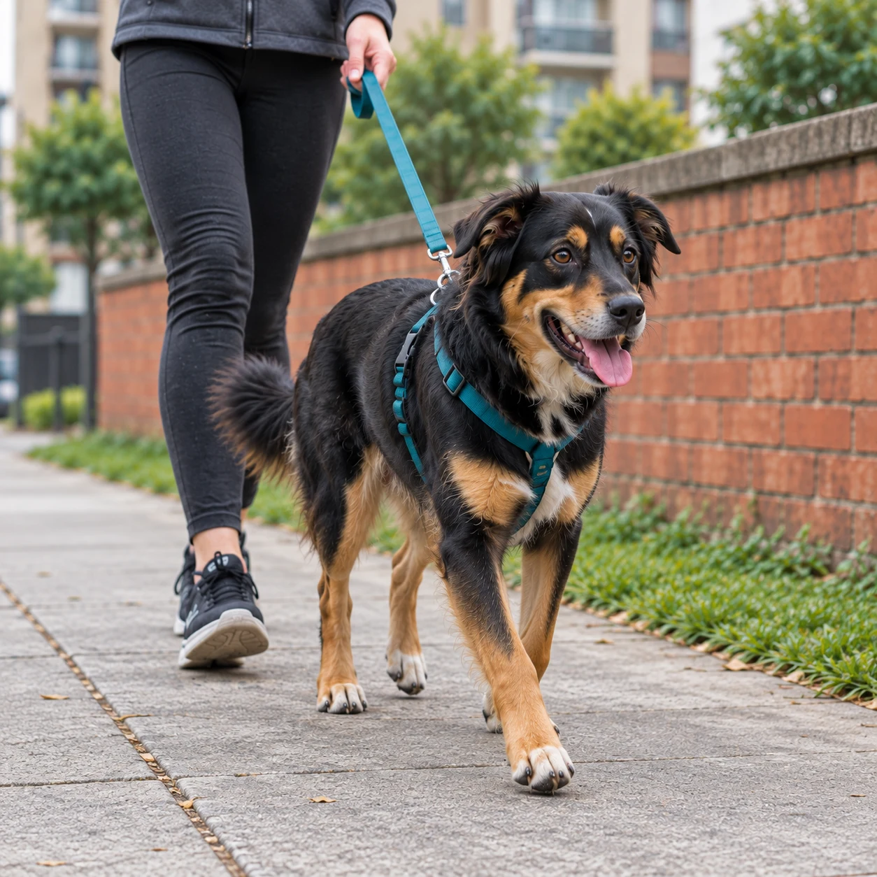 Cão escuro em passeio individual junto a um muro de tijolos, com guia segurada pelo passeador.